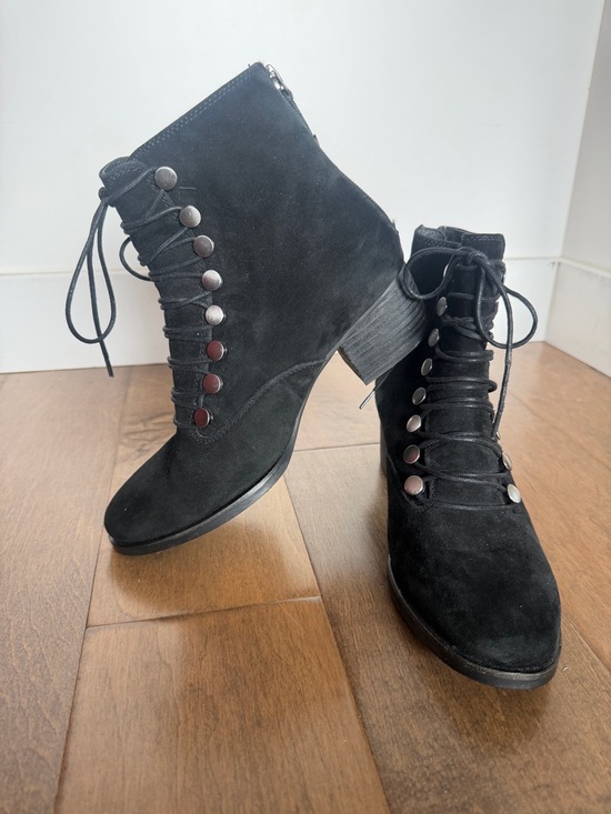 Earth Black Suede Lace-Up Ankle Boots with Button Detail - Picture 3 of 7